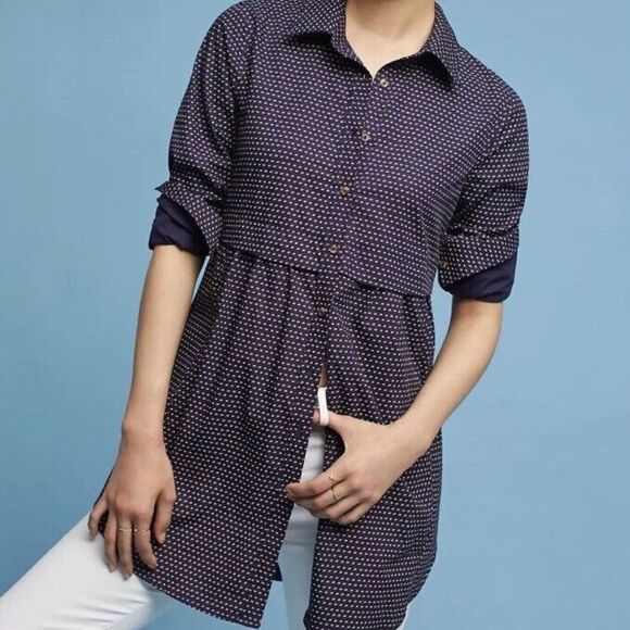 Anthropologie Maeve Blue Long Sleeve Polka Dot Cotton Long Blouse - Picture 8 of 9